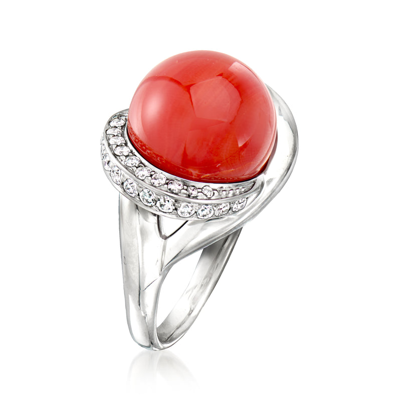 Coral ring in platinum with diamond accents, size 6.5