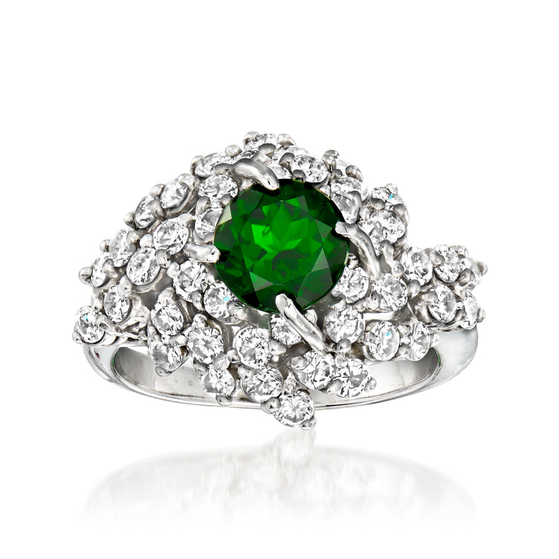 14kt white gold vintage ring with oval green chrome diopside center and diamond halo
