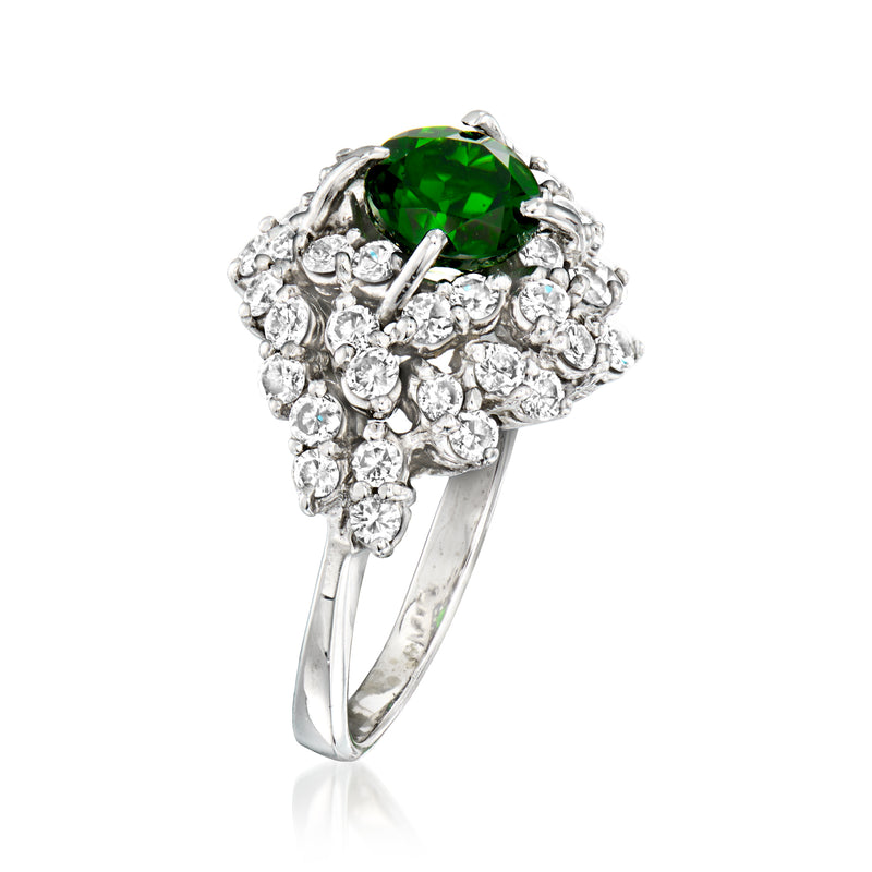 14kt white gold ring with oval green diopside center and diamond cluster shoulders