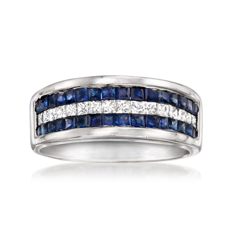 White gold ring with blue sapphire and diamond band, rounded top, stack-style.