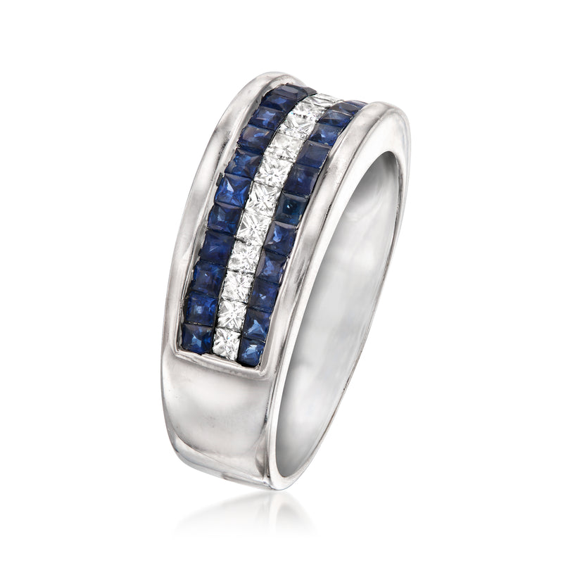 White gold eternity-style ring with blue sapphire blocks and white diamond center strip.