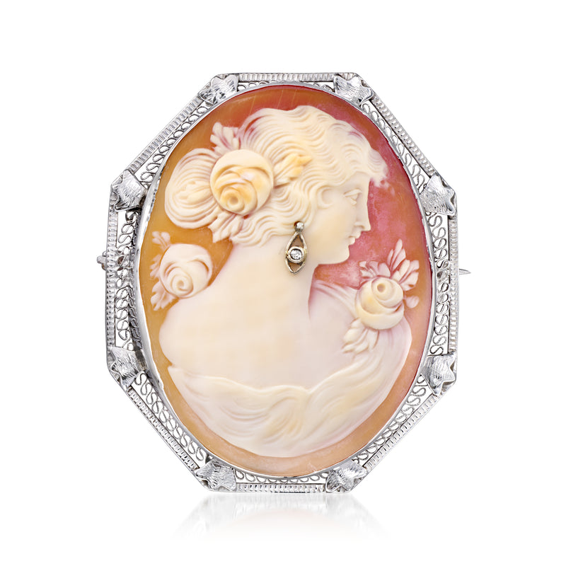 Vintage oval cameo pin/pendant with textured silver frame, hanging loop, diamond accent