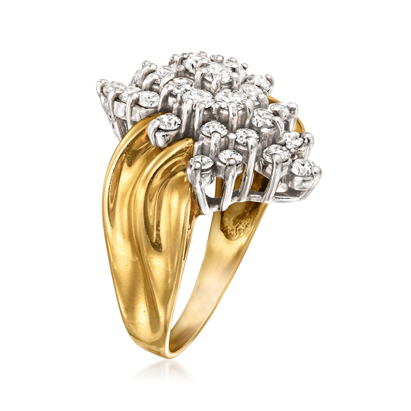 14kt yellow gold diamond cluster ring with high prong setting and tiered sparkle