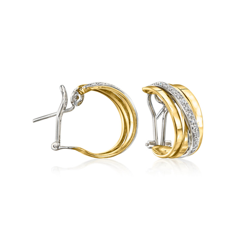 Vintage curved diamond hoop earrings in two-tone 18kt gold, clip/post style