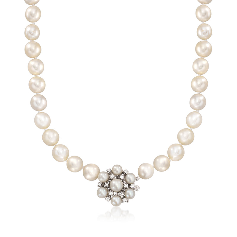 Cultured pearl necklace with diamond cluster pendant in 14kt white gold