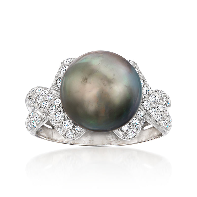 Cultured pearl and diamond ring with dark gray iridescent pearl and halo-style stones