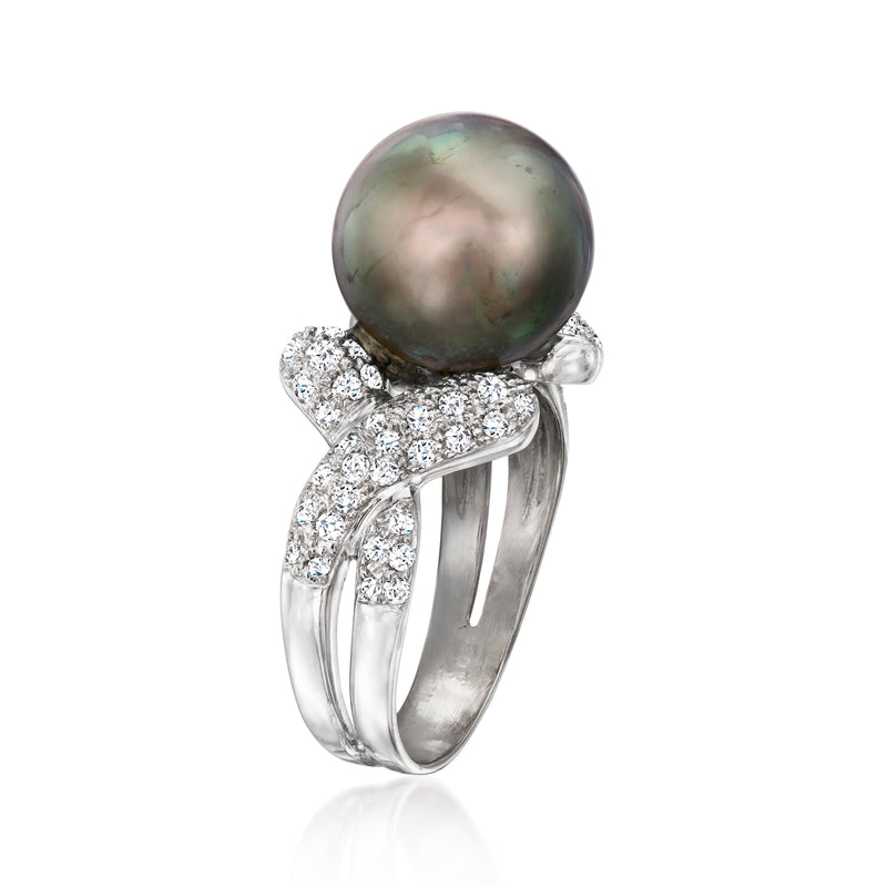 Cultured pearl and diamond ring, dark iridescent pearl with prong setting and arched pave band