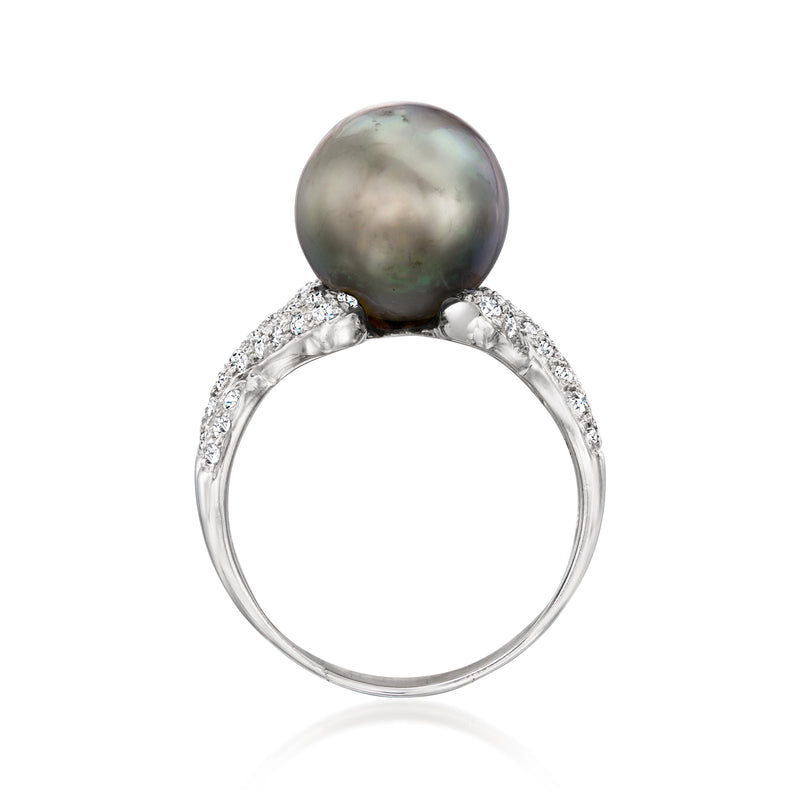 Cultured pearl and diamond ring, round dark iridescent pearl above a full diamond band