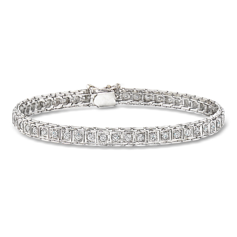 Vintage diamond tennis bracelet in 14kt white gold with square-set stones
