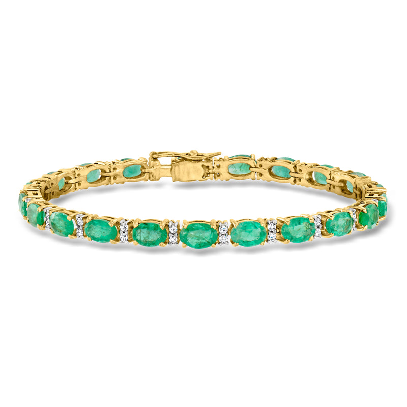 18kt yellow gold tennis bracelet with oval emerald green gemstones and diamond accents