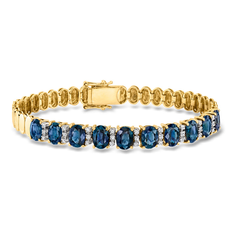 18kt yellow gold sapphire and diamond tennis bracelet with blue oval stones and clasp