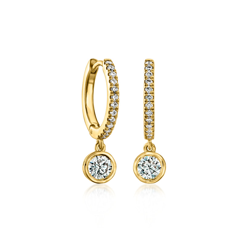 Gold huggie hoop drop earrings with pavé lab-grown diamonds and round diamond drops