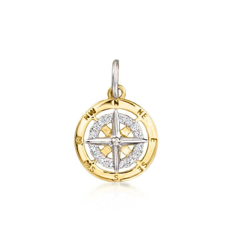 Compass charm pendant in yellow gold with sterling accents and lab-grown diamond details
