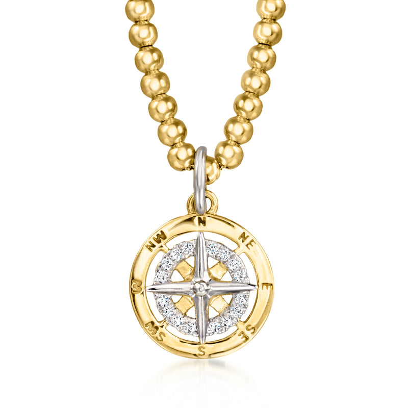 Yellow gold beaded necklace with compass charm pendant, featuring lab-grown diamond accents
