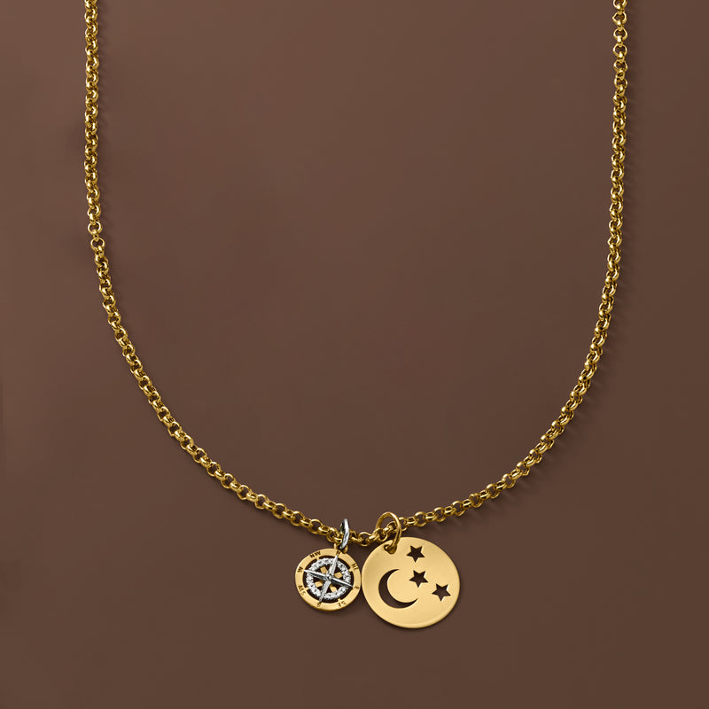 Gold chain necklace with two round charms, including a crescent moon star motif