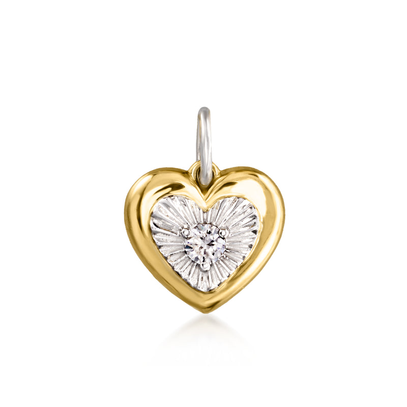 Heart charm with yellow gold heart and silver heart inset holding a lab-grown diamond