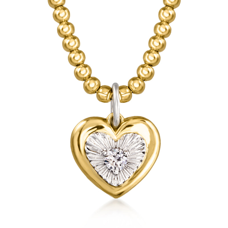 Heart charm pendant on gold ball chain, yellow-gold heart with silver heart diamond inset
