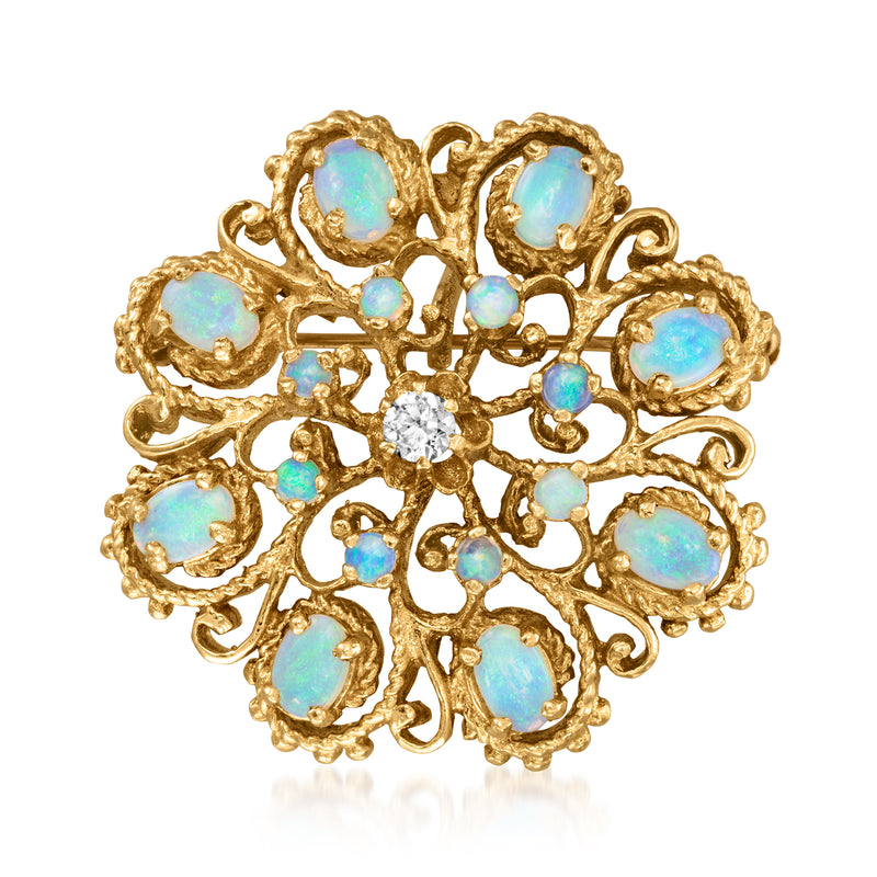 Yellow gold opal pin with cabochons and small diamond center