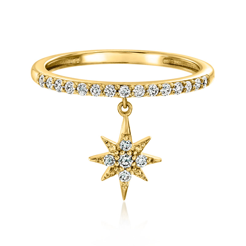 Gold diamond star drop ring with round brilliant stones and dangling star charm