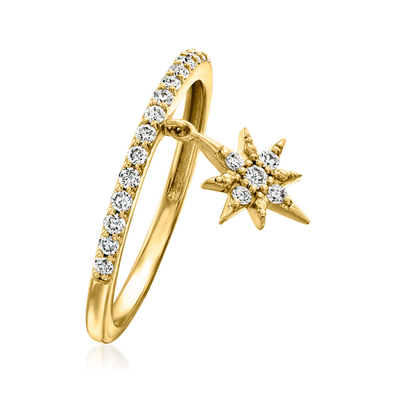 Gold hoop diamond ring with star cluster drop detail and bezel-set stones