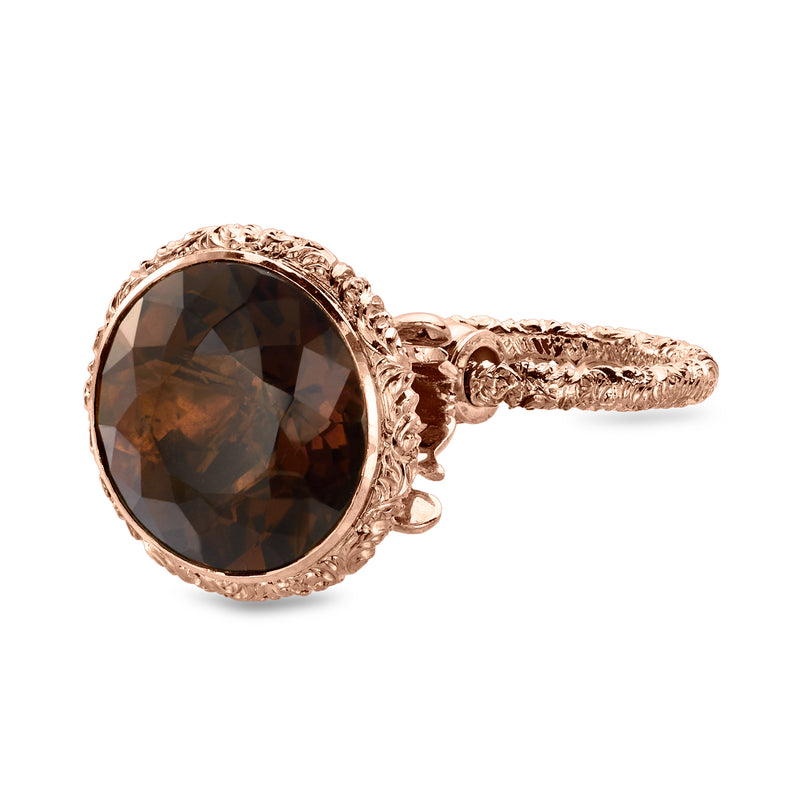 Rose gold teardrop pendant with dark smoky quartz cabochon and textured frame
