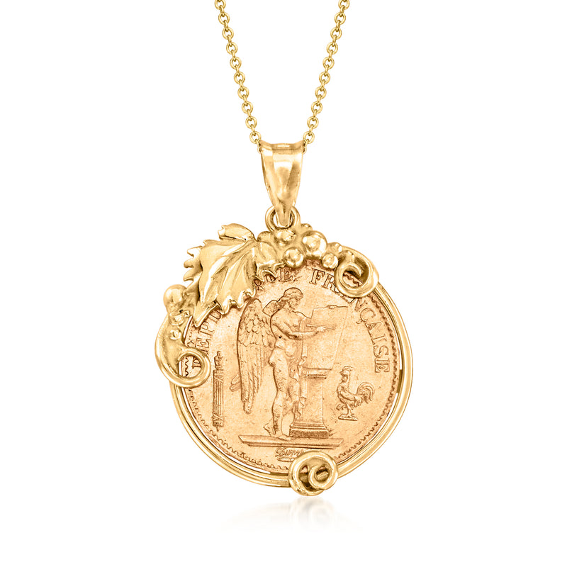 Vintage yellow gold coin pendant necklace with oval coin medallion and chain