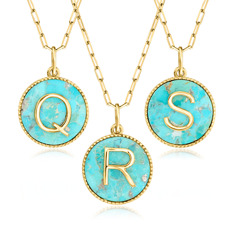 Turquoise initial pendant necklace with round gold-tone bezel and Q, R, S charms