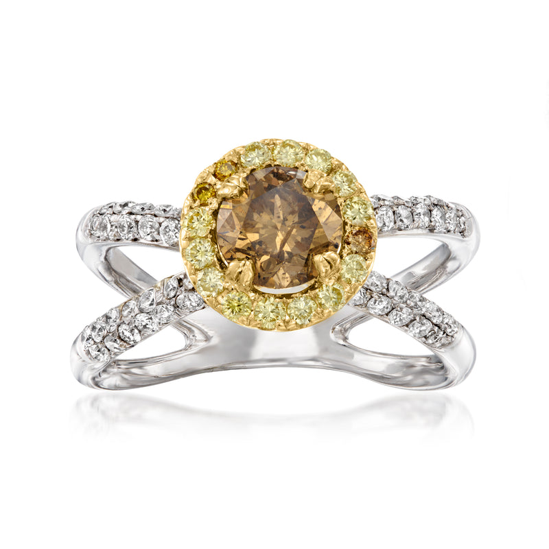 Two-tone gold diamond ring with brown center stone and pavé crossover bands