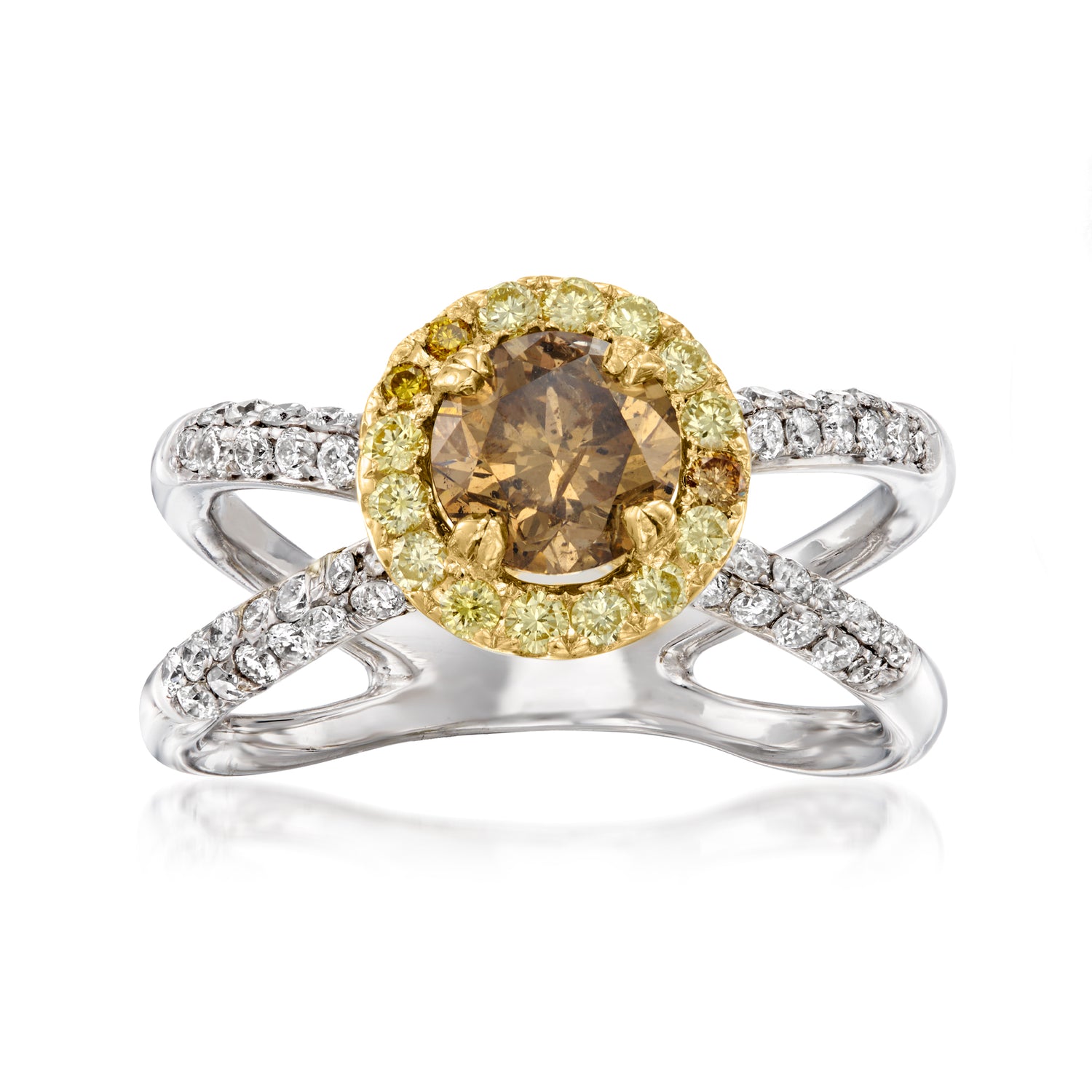 C. 1990 Vintage .90 Carat Brown Diamond Ring with 1.22 ct. t.w. Multicolored Diamonds in 18kt Two-Tone Gold