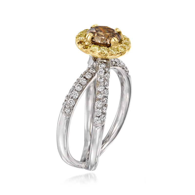 Two-tone gold ring with brown center diamond and pavé diamond band