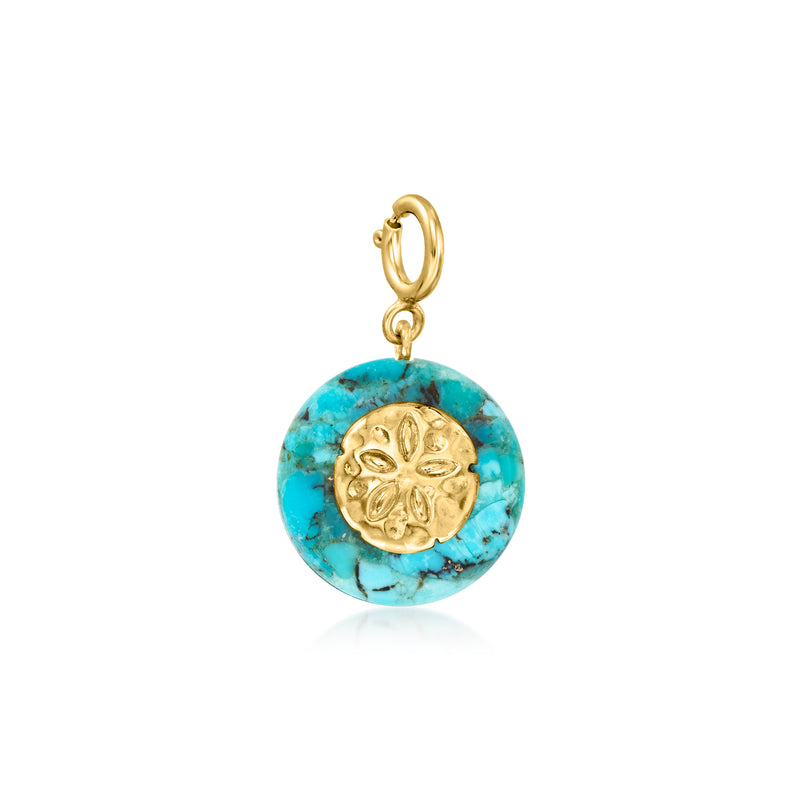 Turquoise sand dollar charm with gold bezel, on gold ring bail.
