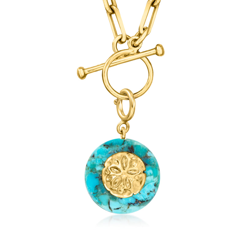 Turquoise sand dollar charm pendant in 18kt gold over sterling, top loop detail.