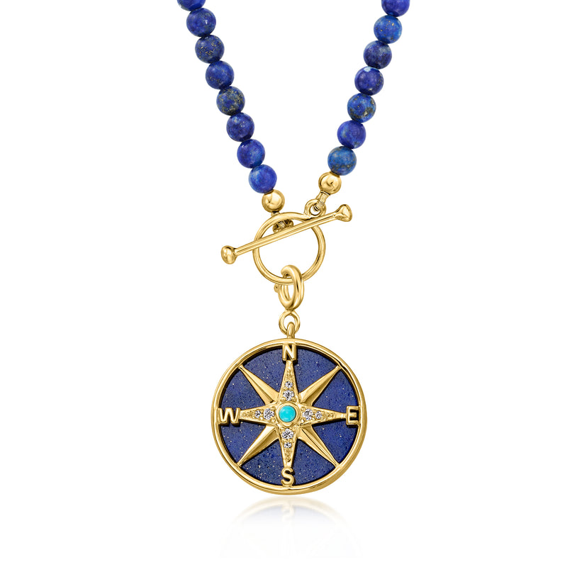 Blue bead necklace with round gold compass charm, star dial and turquoise center