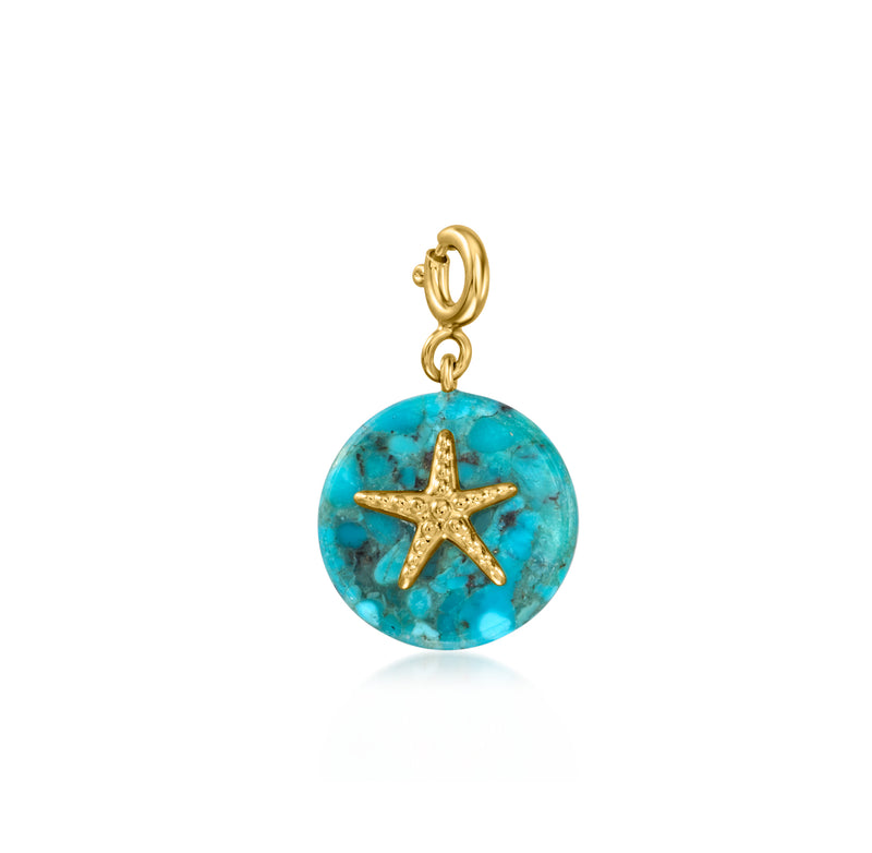 Turquoise round starfish charm pendant on gold-tone loop bail
