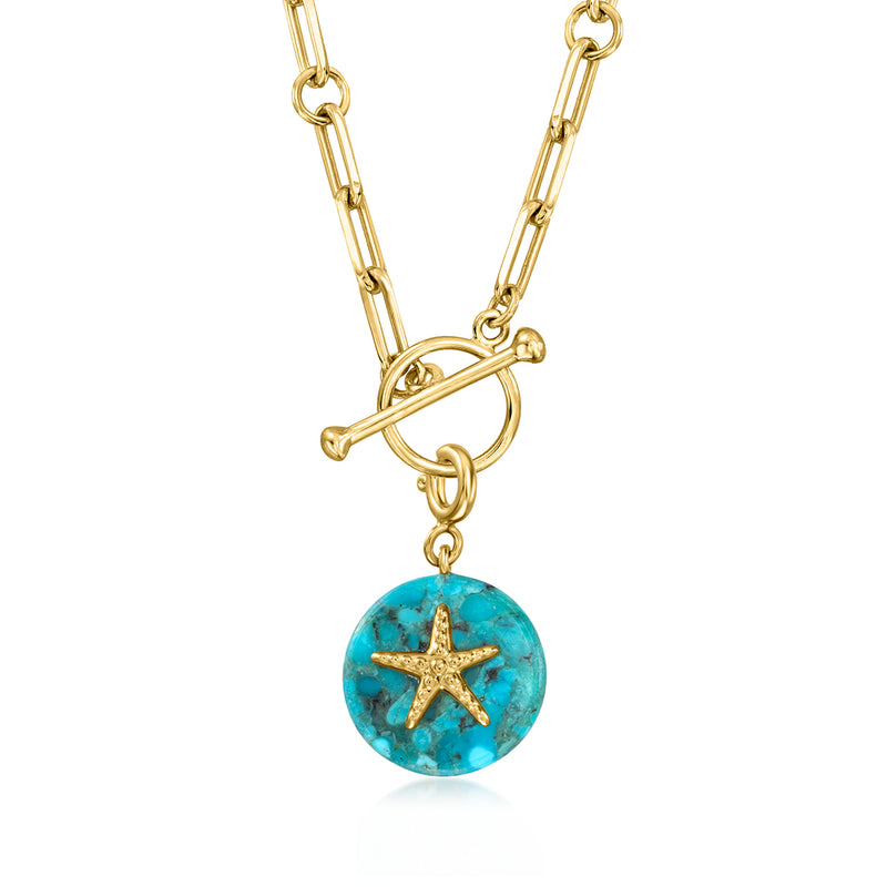 Turquoise round starfish charm pendant with gold-tone chain and loop bail
