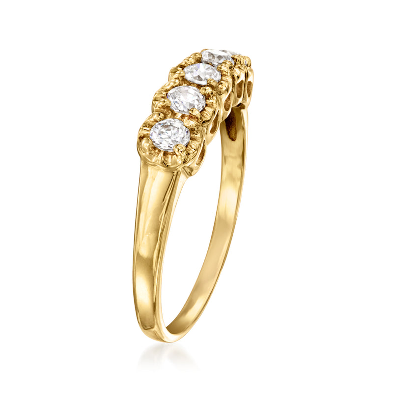 14kt yellow gold five-stone CZ ring, side view with round clear stones