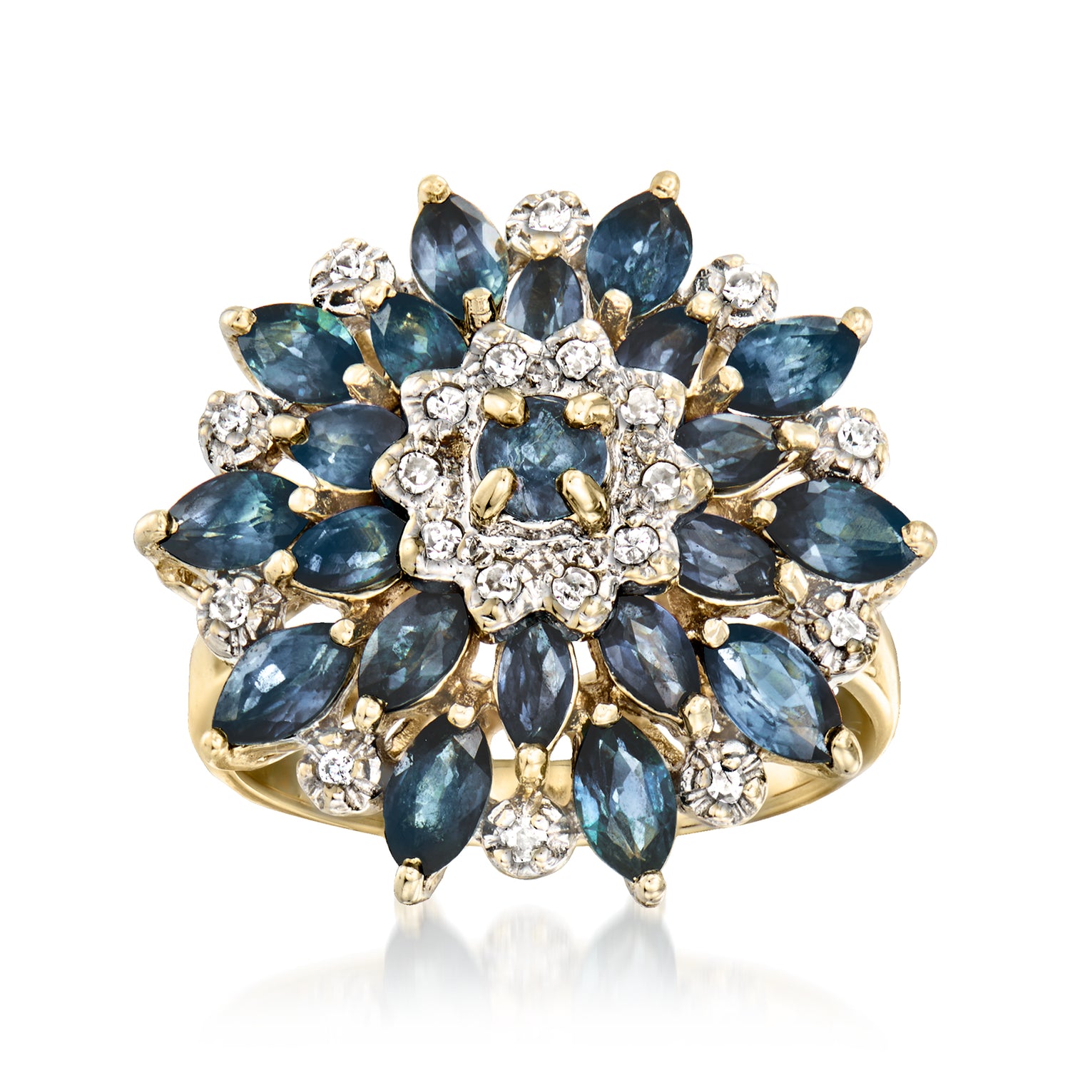 C. 1980 Vintage 2.45 ct. t.w. Sapphire and .16 ct. t.w. Diamond Flower Ring in 14kt Yellow Gold