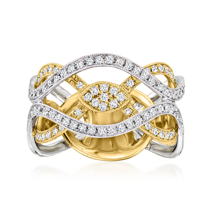 Two-tone gold diamond ring with oval center and crisscross pave bands