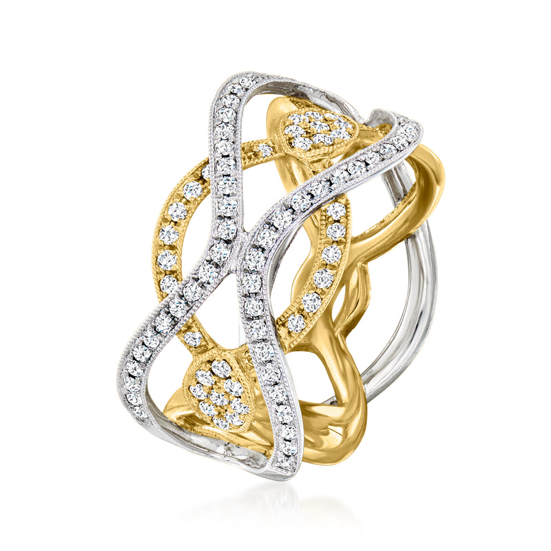 Two-tone diamond ring side view with oval center and crisscross pave band