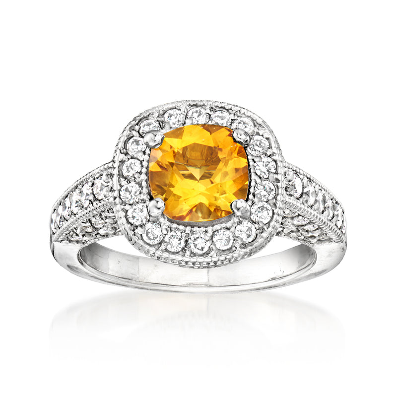 Vintage oval citrine ring in 14kt white gold with diamond halo and split shank