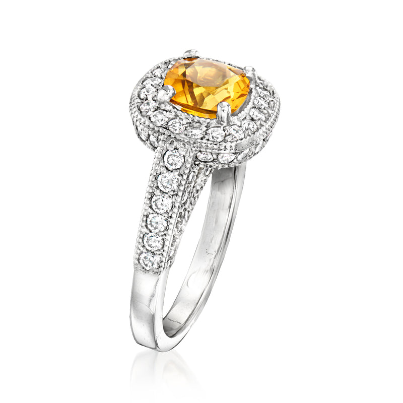 Vintage citrine and diamond ring in white gold, size 6