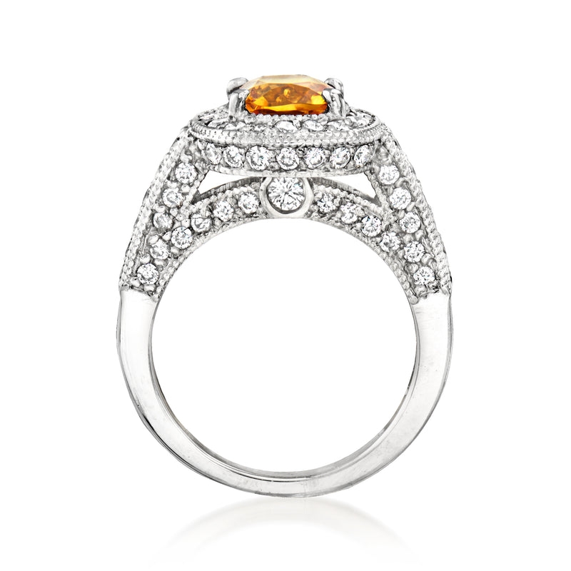 Vintage 14kt white gold citrine and diamond ring with ornate setting