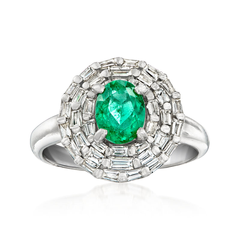 Platinum ring with oval green emerald center and diamond baguette halo, size 5