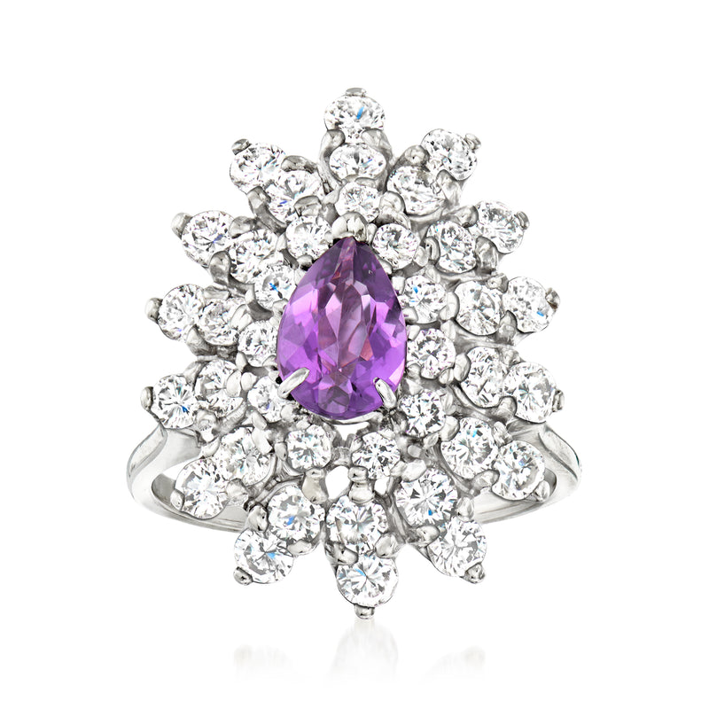 Amethyst and diamond cluster ring in white gold, oval amethyst center with halo