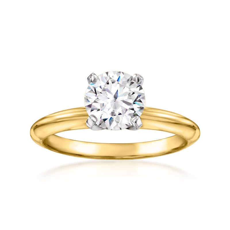 14kt yellow gold diamond solitaire ring with round center stone and split prongs