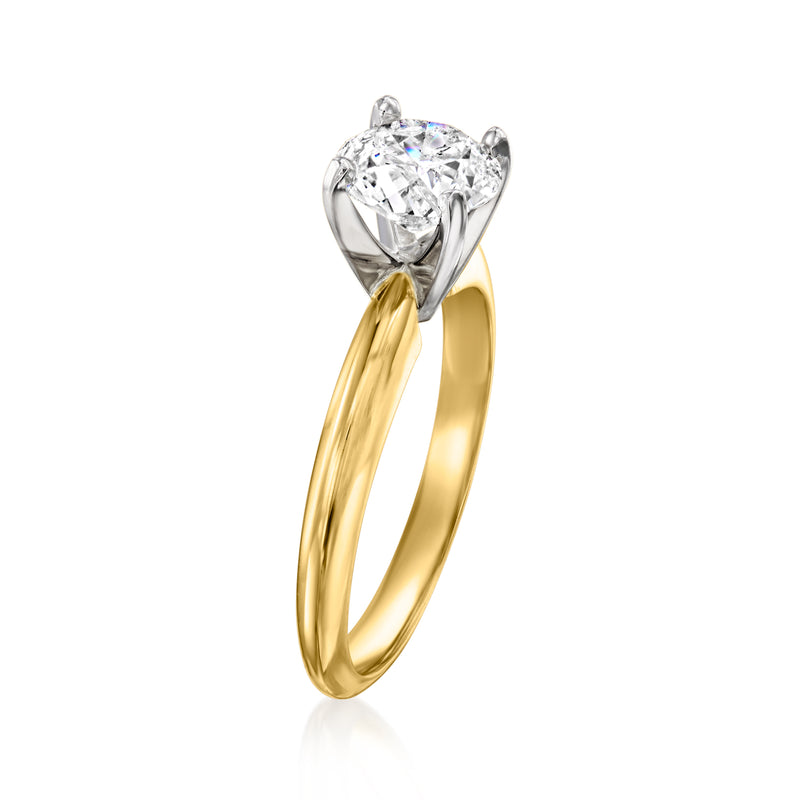 14kt yellow gold diamond solitaire ring viewed from side, round center stone