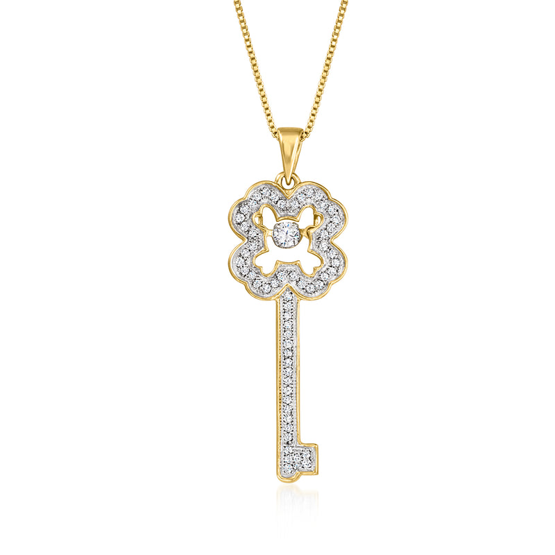 Gold key pendant necklace with diamond halo clover design on a thin chain