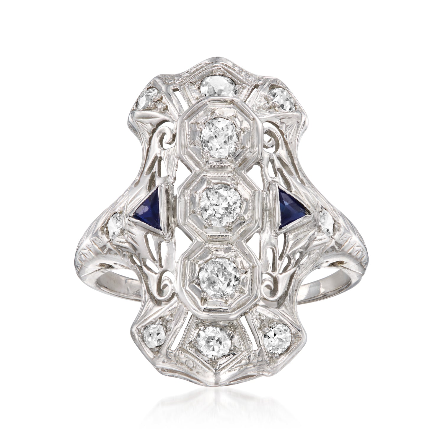 C. 1920 Vintage .55 ct. t.w. Diamond Dinner Ring with .10 ct. t.w. Synthetic Sapphires in 18kt White Gold