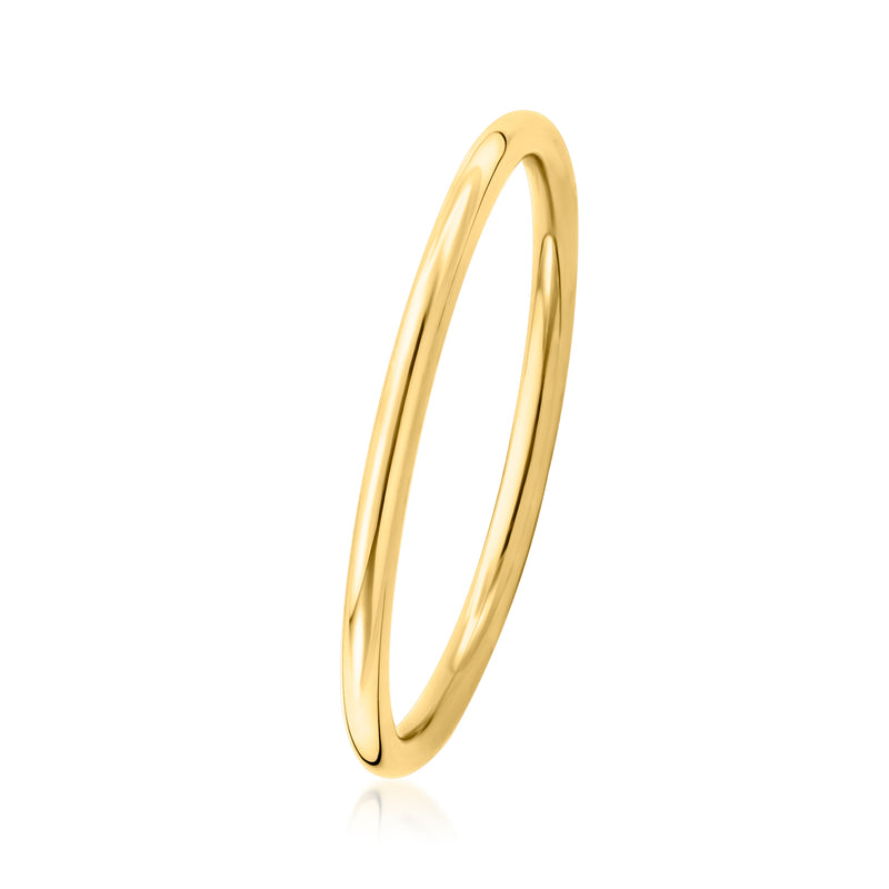 Slim polished yellow gold band ring, angled view