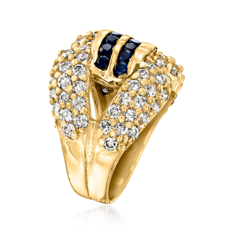 Yellow gold ring with diamond clusters and blue sapphire bands, openwork profile